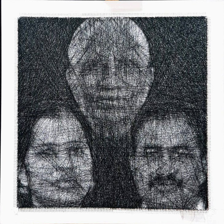Handmade thread portrait, three faces, square
