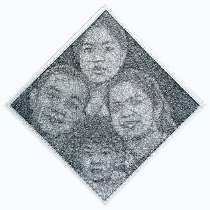 Handmade thread portrait, four faces, diamond square