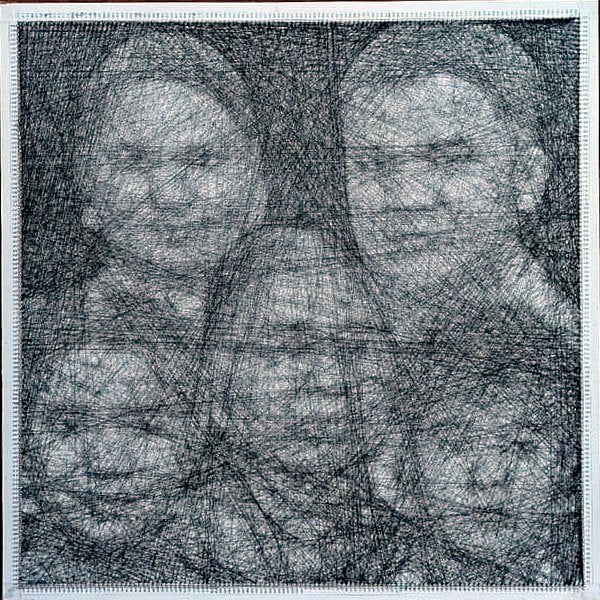 Handmade thread portrait, five faces, square