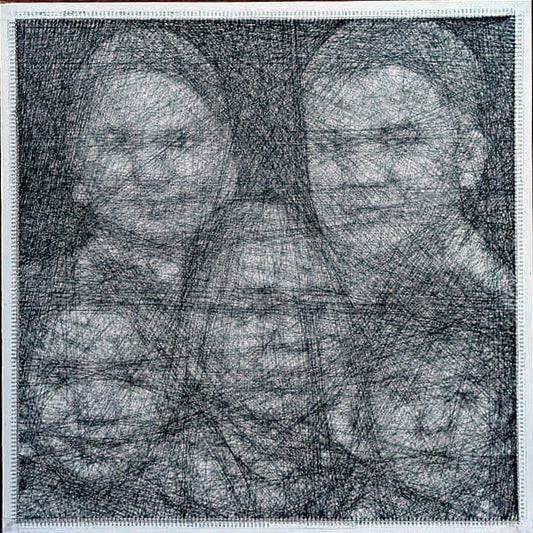 Handmade thread portrait, five faces, square