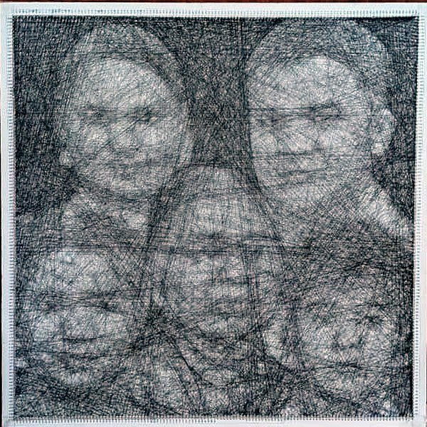 Handmade thread portrait, five faces, square